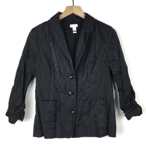 CHICOS Jacket Blazer Shiny Sateen Crinkle Black Minimalist Evening Size 1 Medium - Picture 9 of 9